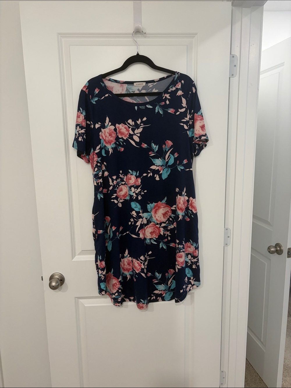 Navy Floral Short Sleeve Tunic Dress By Viamor